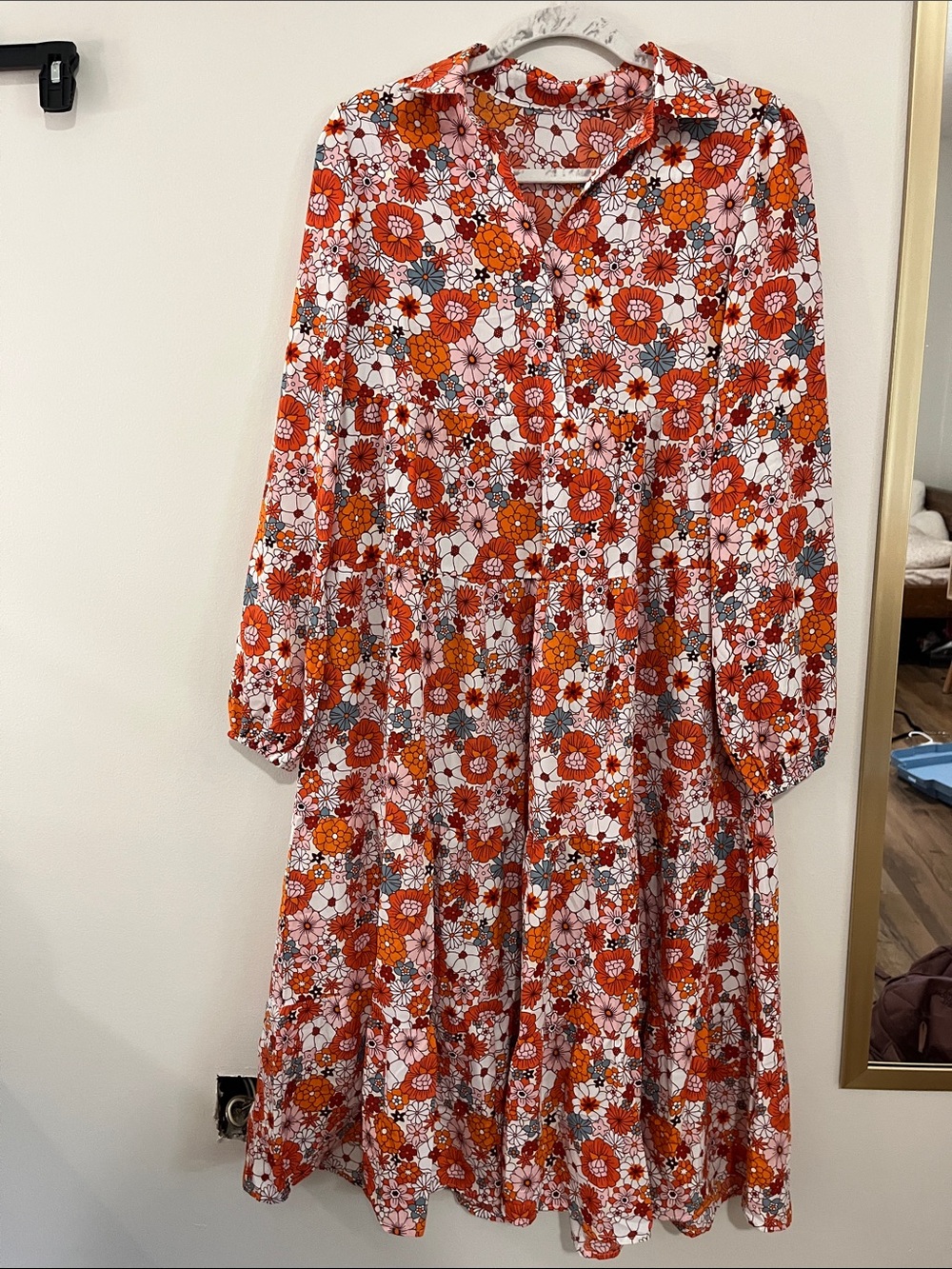 Long-Sleeve Orange Floral Tiered Midi Dress